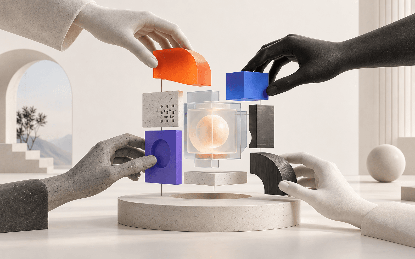 Sculptural illustration representing collaborative product design and engineering