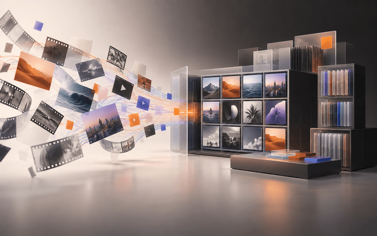 Illustration of media assets flowing into an organised digital library